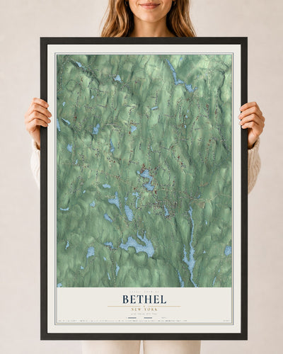 Bethel, New York map print, 24" x 36" W/ Black Ayous Wood Frame mockup