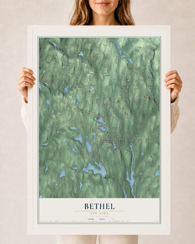 Bethel, New York map print, 24" x 36" W/ White Ayous Wood Frame mockup