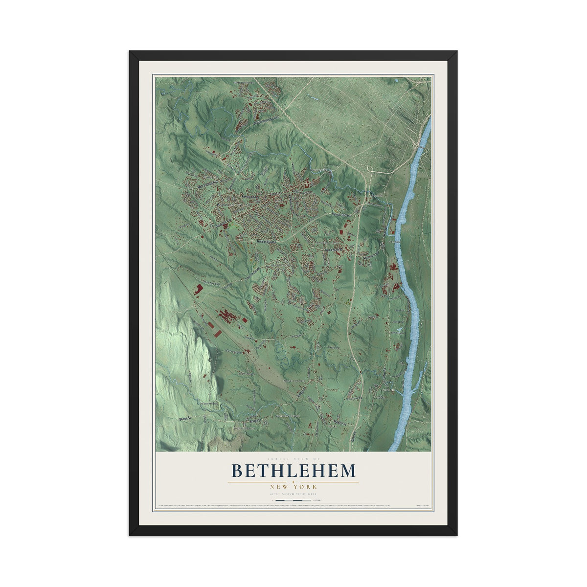 Bethlehem, New York map print, 12" x 18" W/ Black Ayous Wood Frame mockup