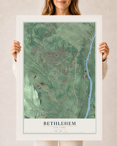 Bethlehem, New York map print, 24" x 36" W/ White Ayous Wood Frame mockup