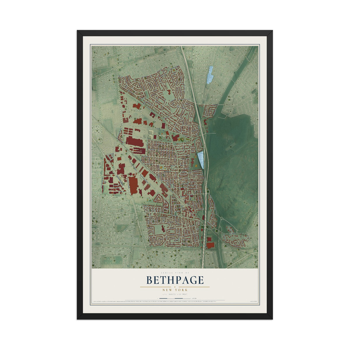 Bethpage, New York map print, 12" x 18" W/ Black Ayous Wood Frame mockup