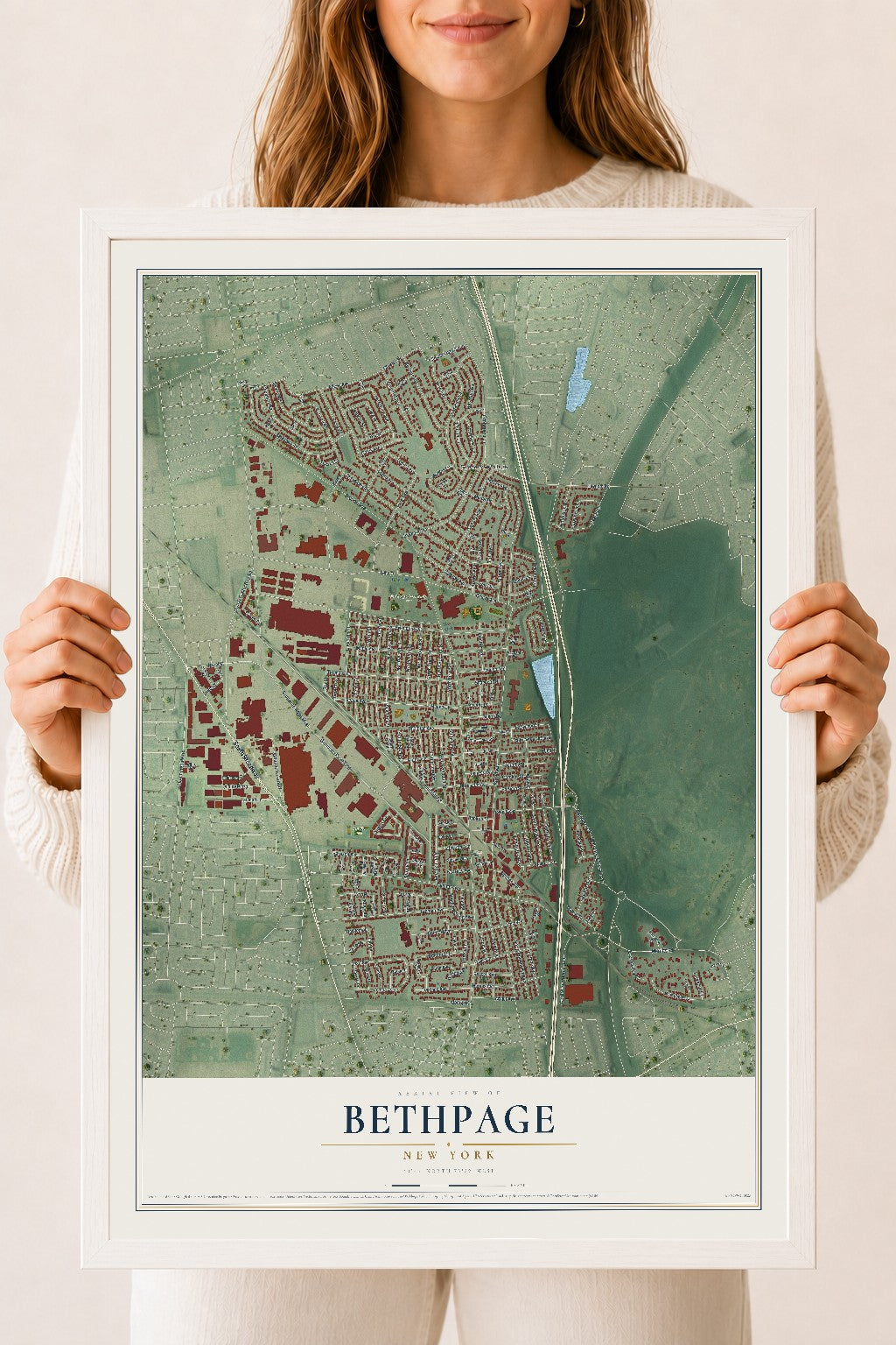 Bethpage, New York map print, 18" x 24" W/ White Ayous Wood Frame mockup