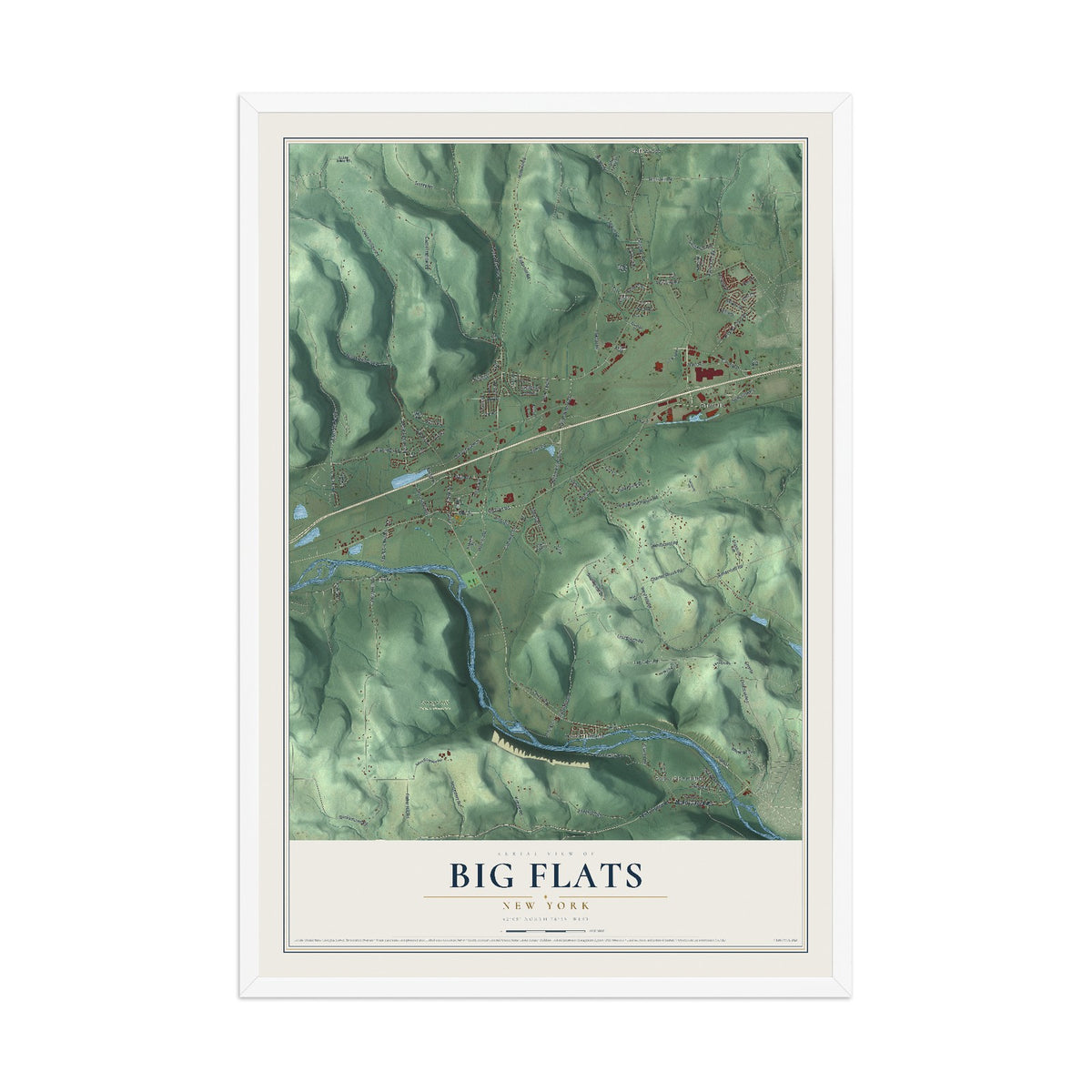 Big Flats, New York map print, 12" x 18" W/ White Ayous Wood Frame mockup
