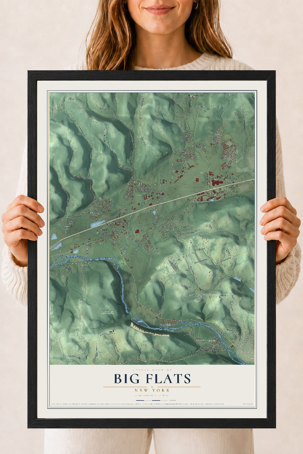 Big Flats, New York map print, 18" x 24" W/ Black Ayous Wood Frame mockup