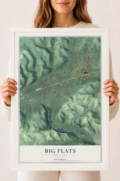 Big Flats, New York map print, 18" x 24" W/ White Ayous Wood Frame mockup