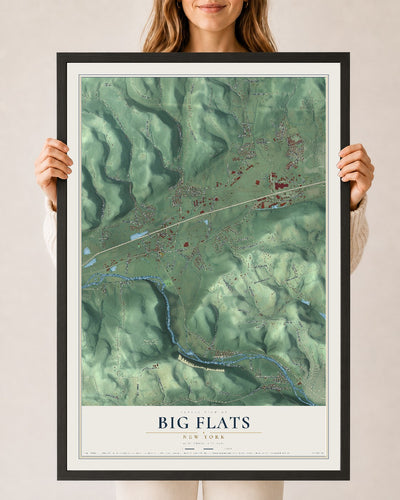 Big Flats, New York map print, 24" x 36" W/ Black Ayous Wood Frame mockup