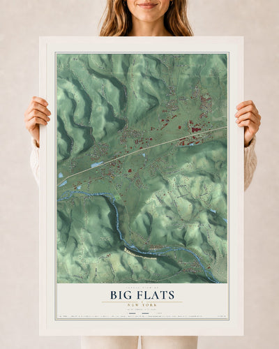 Big Flats, New York map print, 24" x 36" W/ White Ayous Wood Frame mockup