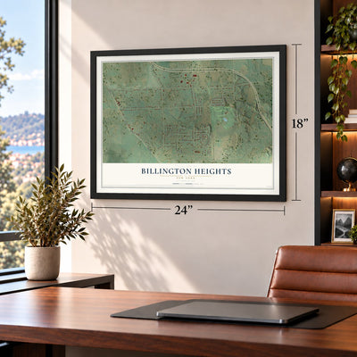Billington Heights, New York map, 18 x 24 inch print in a black frame in a home office