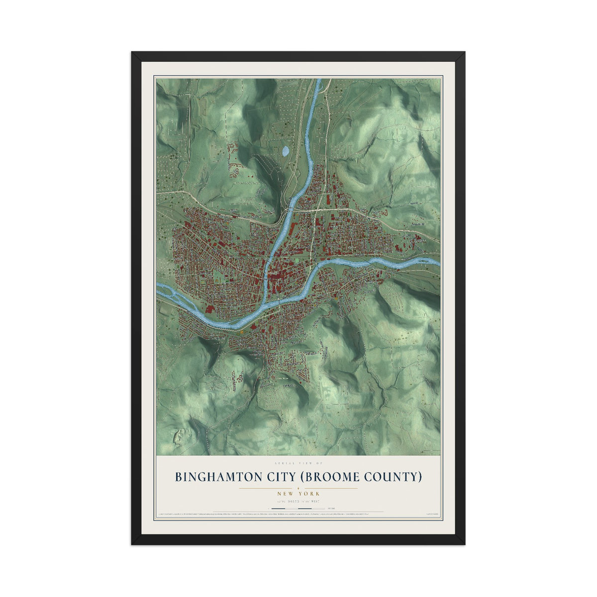Binghamton City (Broome County), New York map print, 12" x 18" W/ Black Ayous Wood Frame mockup