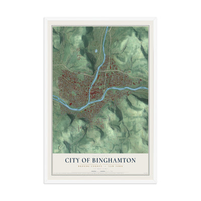 Map of the City of Binghamton, Broome County, New York, 12 x 18 inch print in a white wood frame