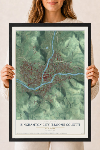 Binghamton City (Broome County), New York map print, 18" x 24" W/ Black Ayous Wood Frame mockup