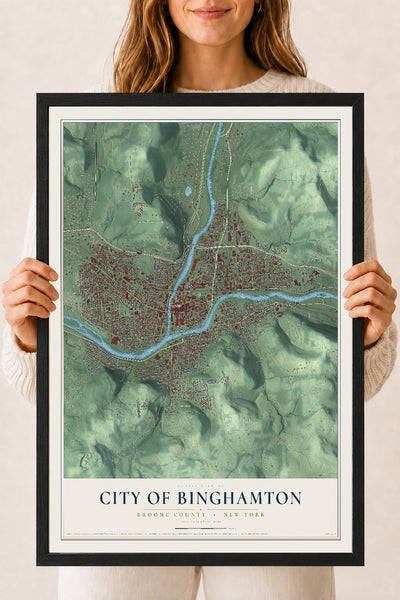 Map of the City of Binghamton, Broome County, New York, 18 x 24 inch print in a black wood frame