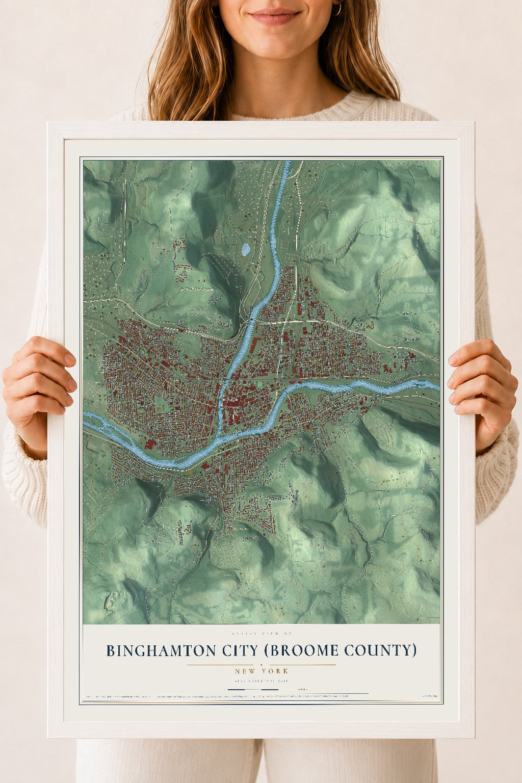 Binghamton City (Broome County), New York map print, 18" x 24" W/ White Ayous Wood Frame mockup