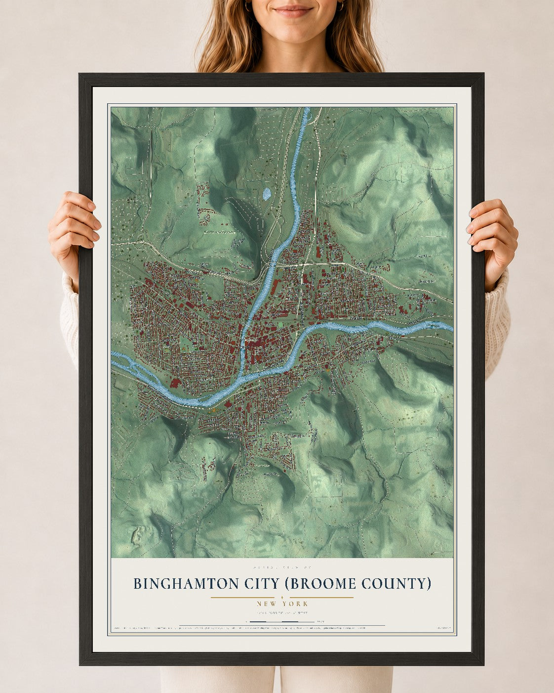Binghamton City (Broome County), New York map print, 24" x 36" W/ Black Ayous Wood Frame mockup