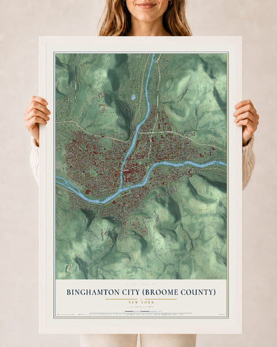 Binghamton City (Broome County), New York map print, 24" x 36" W/ White Ayous Wood Frame mockup
