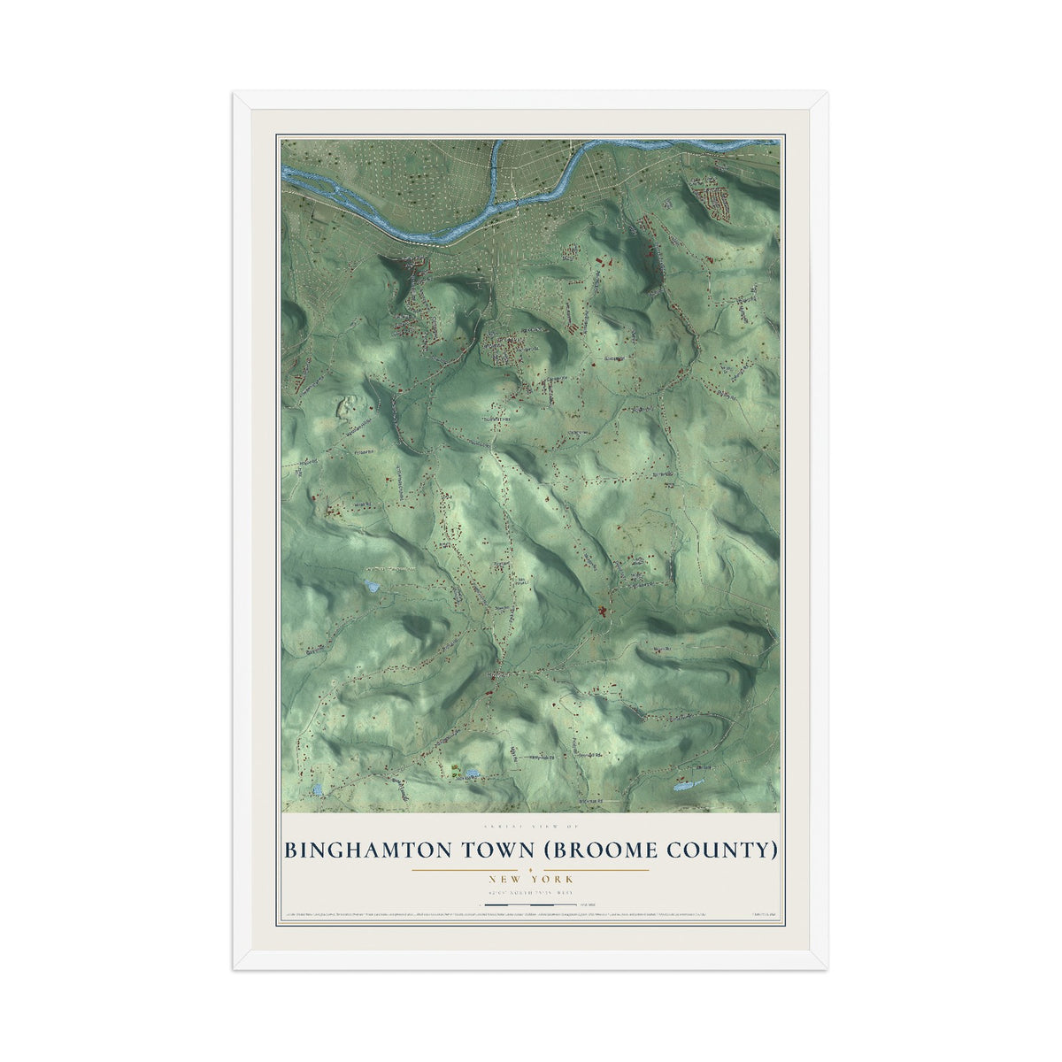 Binghamton Town (Broome County), New York map print, 12" x 18" W/ White Ayous Wood Frame mockup