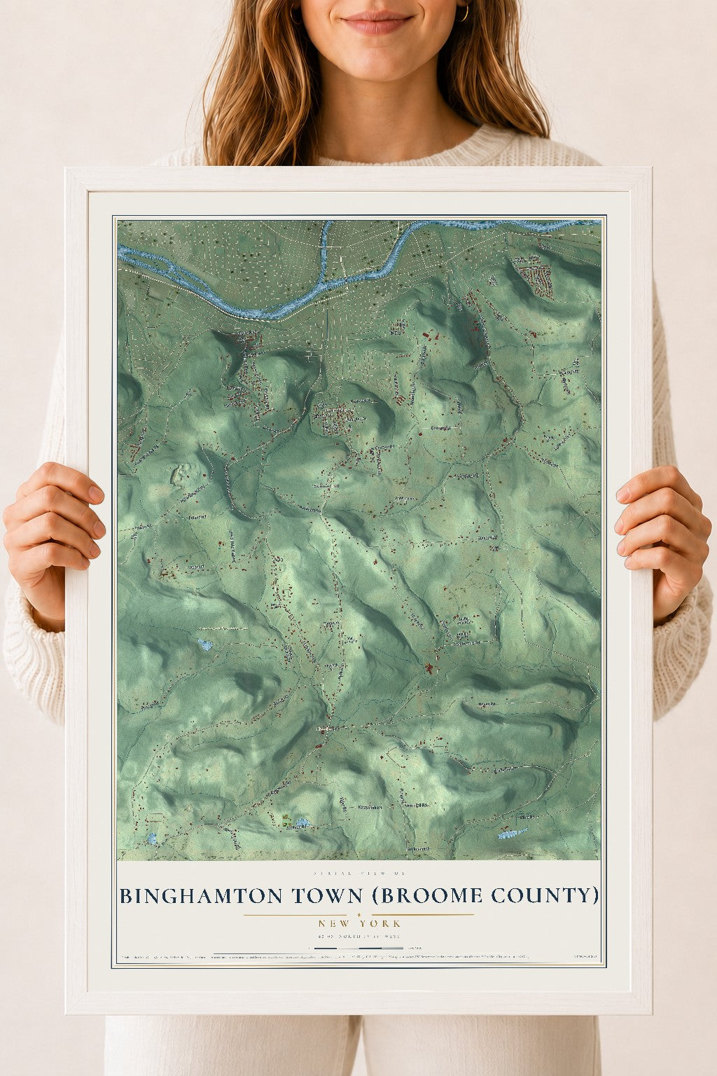 Binghamton Town (Broome County), New York map print, 18" x 24" W/ White Ayous Wood Frame mockup