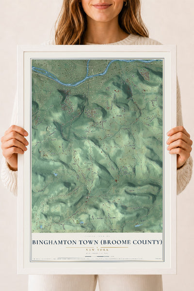 Binghamton Town (Broome County), New York map print, 18" x 24" W/ White Ayous Wood Frame mockup