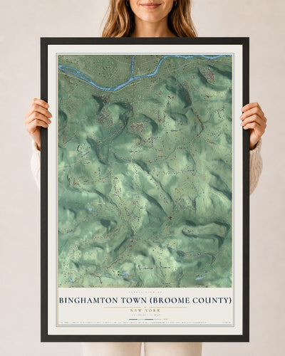 Binghamton Town (Broome County), New York map print, 24" x 36" W/ Black Ayous Wood Frame mockup