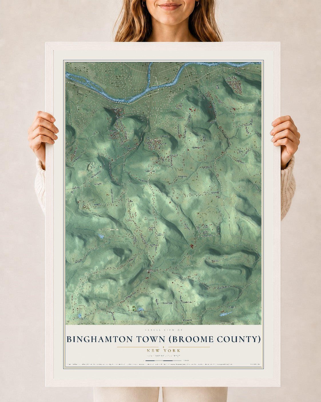 Binghamton Town (Broome County), New York map print, 24" x 36" W/ White Ayous Wood Frame mockup