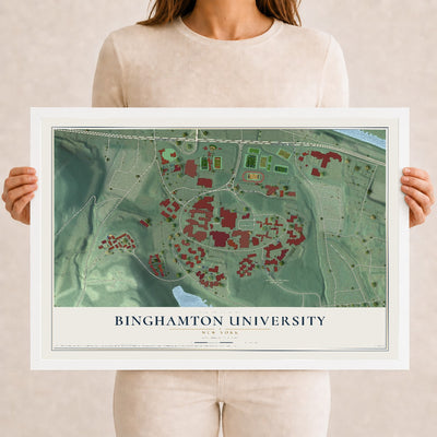 Binghamton University, New York map print, 12" x 18" W/ White Ayous Wood Frame mockup