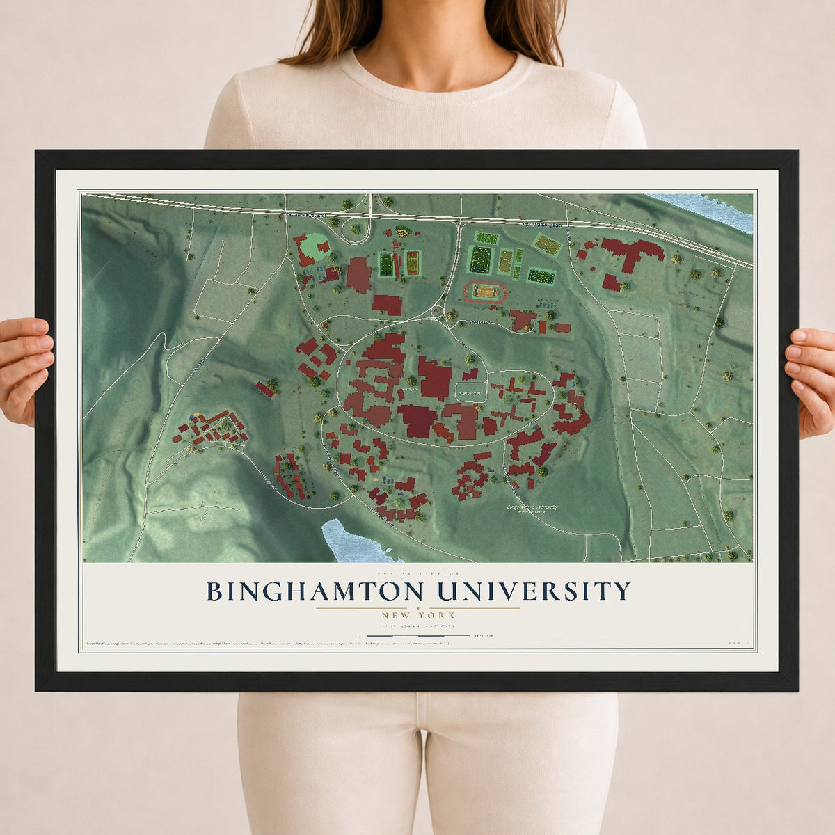 Binghamton University, New York map print, 18" x 24" W/ Black Ayous Wood Frame mockup