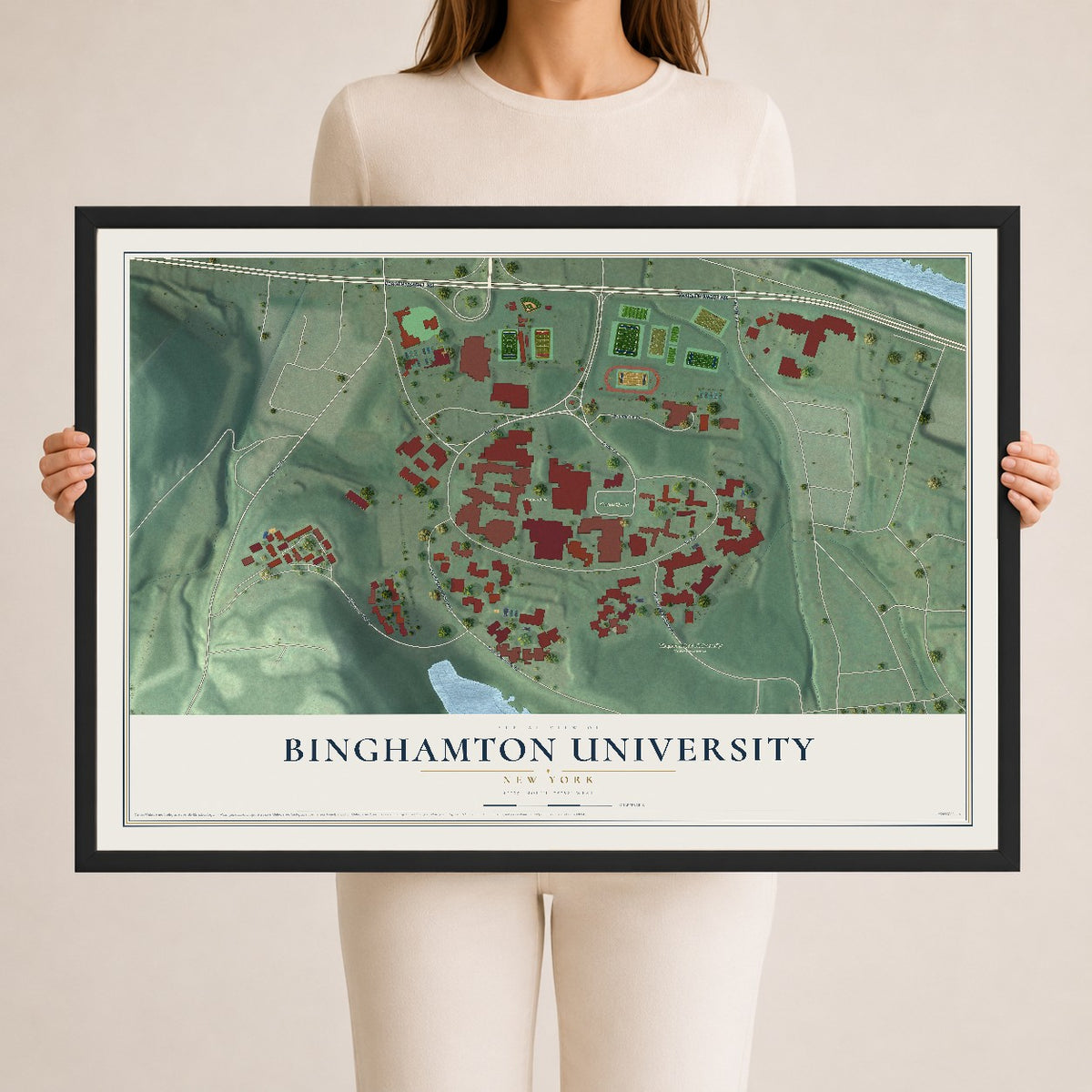 Binghamton University, New York map print, 24" x 36" W/ Black Ayous Wood Frame mockup