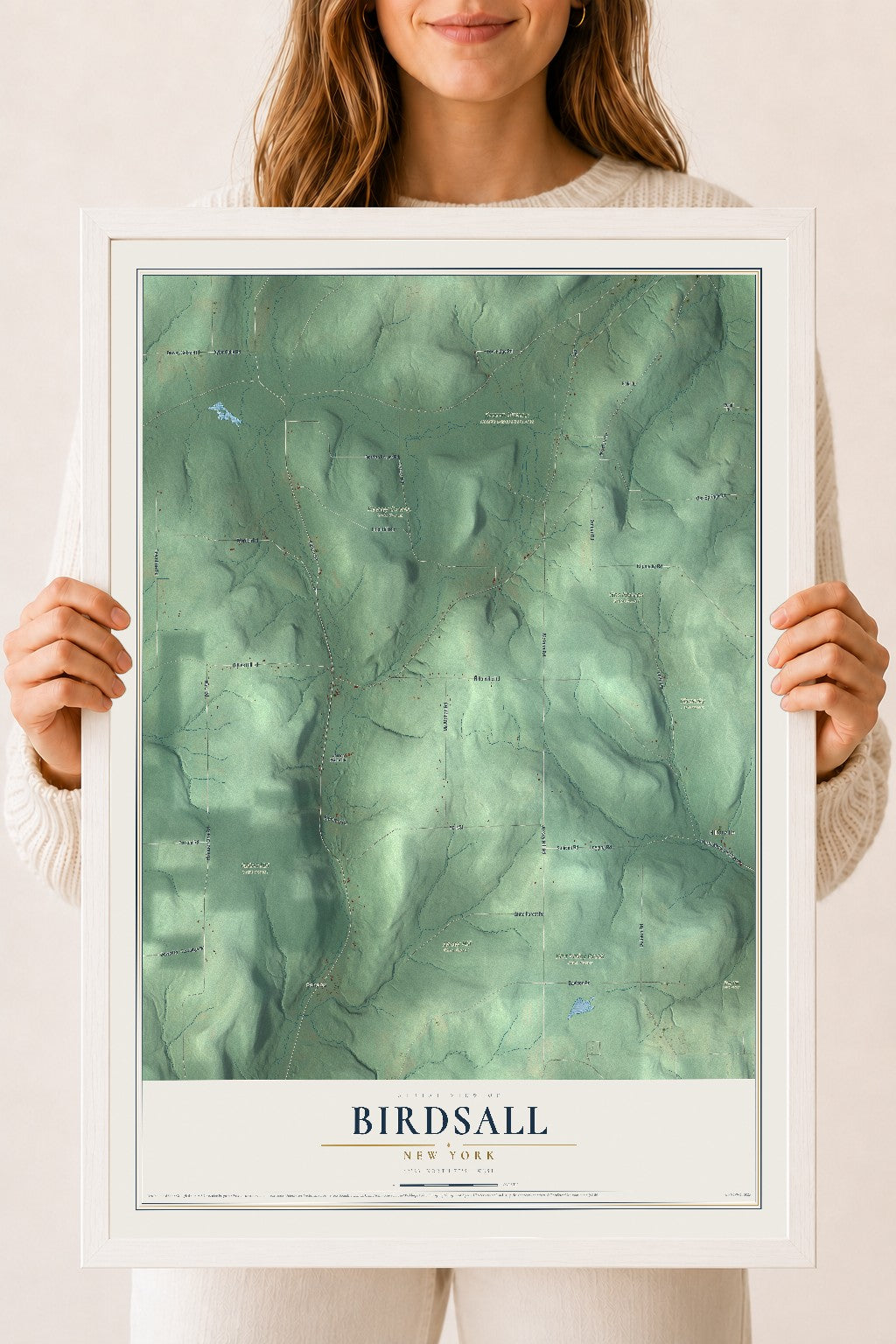 Birdsall, New York map print, 18" x 24" W/ White Ayous Wood Frame mockup