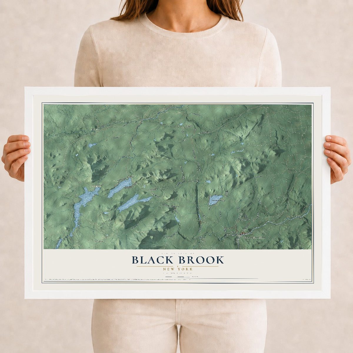 Black Brook, New York map print, 12" x 18" W/ White Ayous Wood Frame mockup