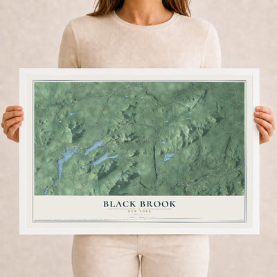 Black Brook, New York map print, 12" x 18" W/ White Ayous Wood Frame mockup