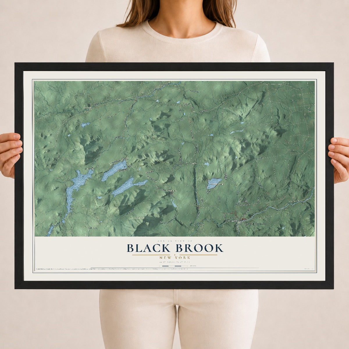 Black Brook, New York map print, 18" x 24" W/ Black Ayous Wood Frame mockup