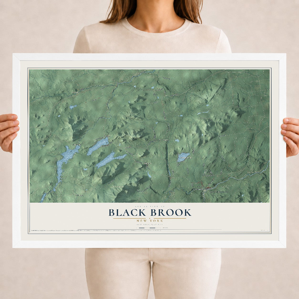 Black Brook, New York map print, 18" x 24" W/ White Ayous Wood Frame mockup
