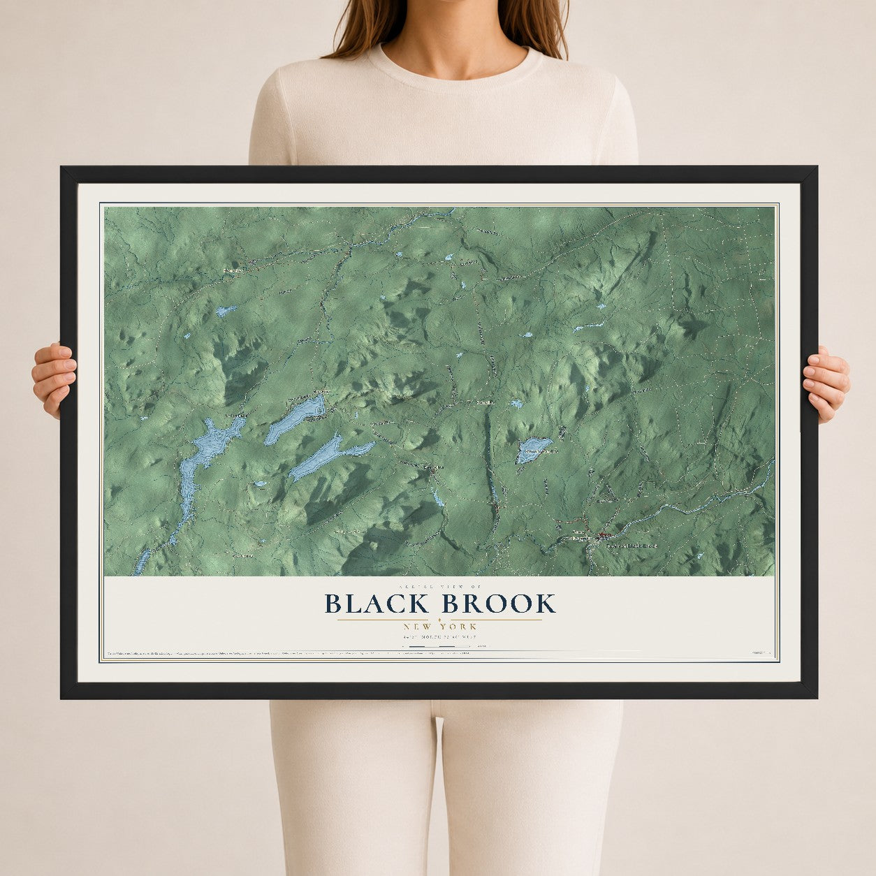 Black Brook, New York map print, 24" x 36" W/ Black Ayous Wood Frame mockup
