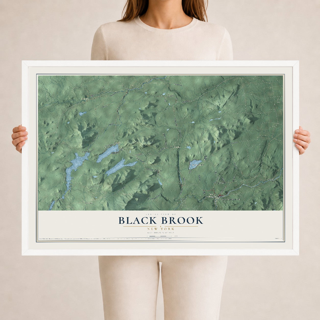 Black Brook, New York map print, 24" x 36" W/ White Ayous Wood Frame mockup