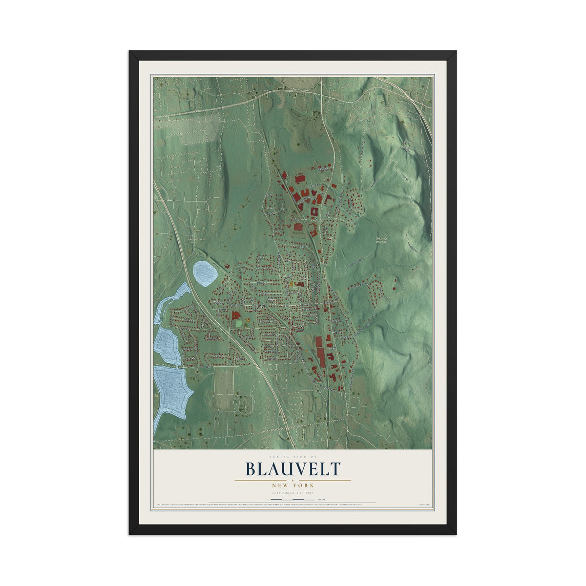 Blauvelt, New York map print, 12" x 18" W/ Black Ayous Wood Frame mockup