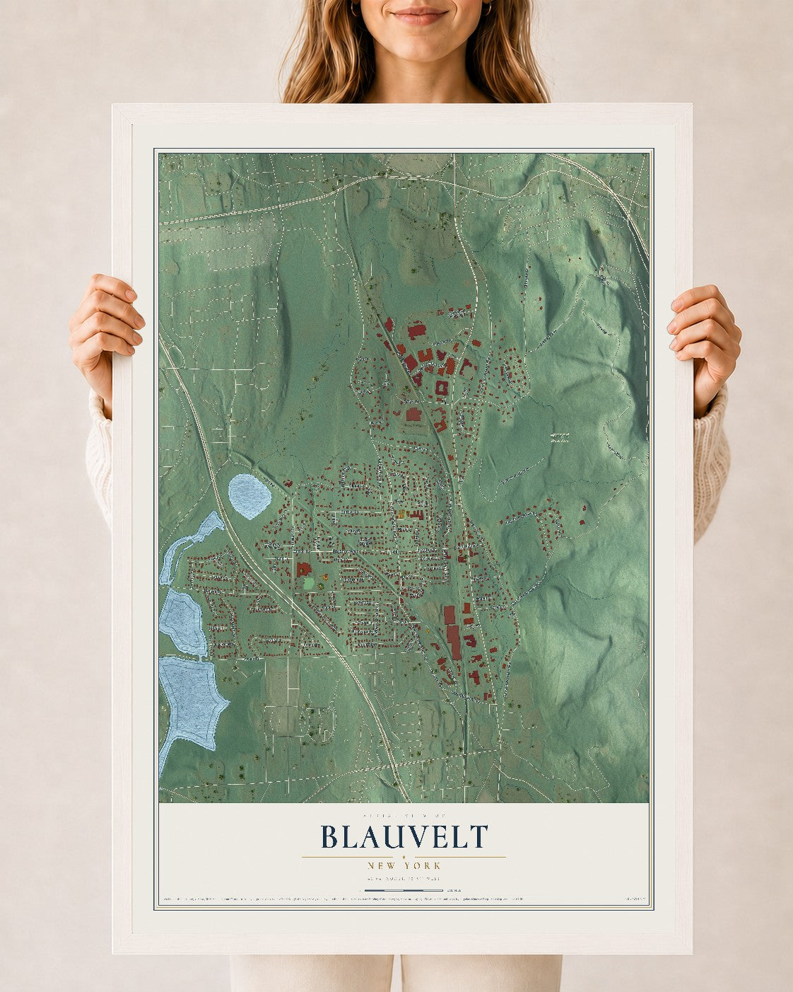 Blauvelt, New York map print, 24" x 36" W/ White Ayous Wood Frame mockup