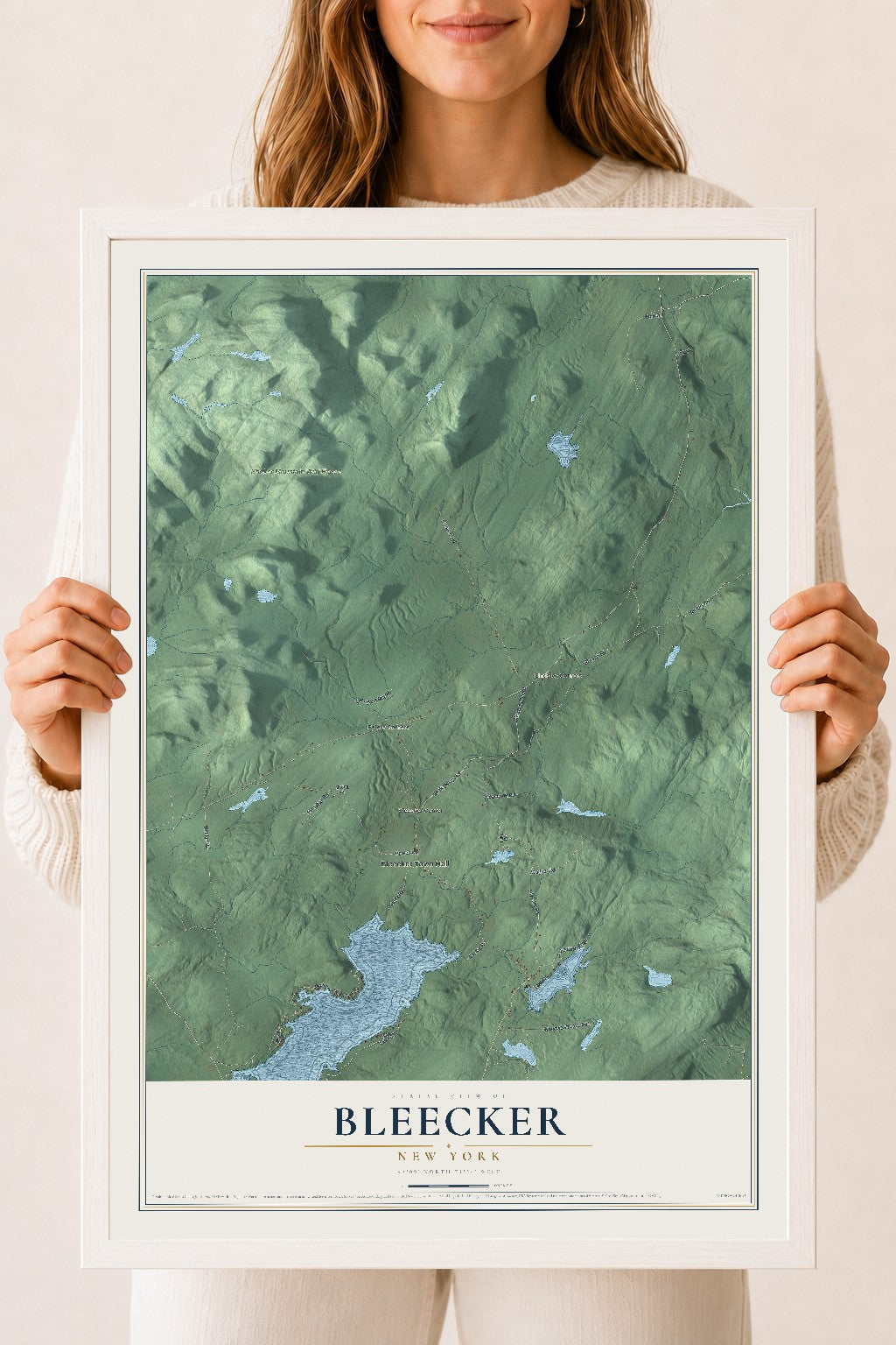 Bleecker, New York map print, 18" x 24" W/ White Ayous Wood Frame mockup