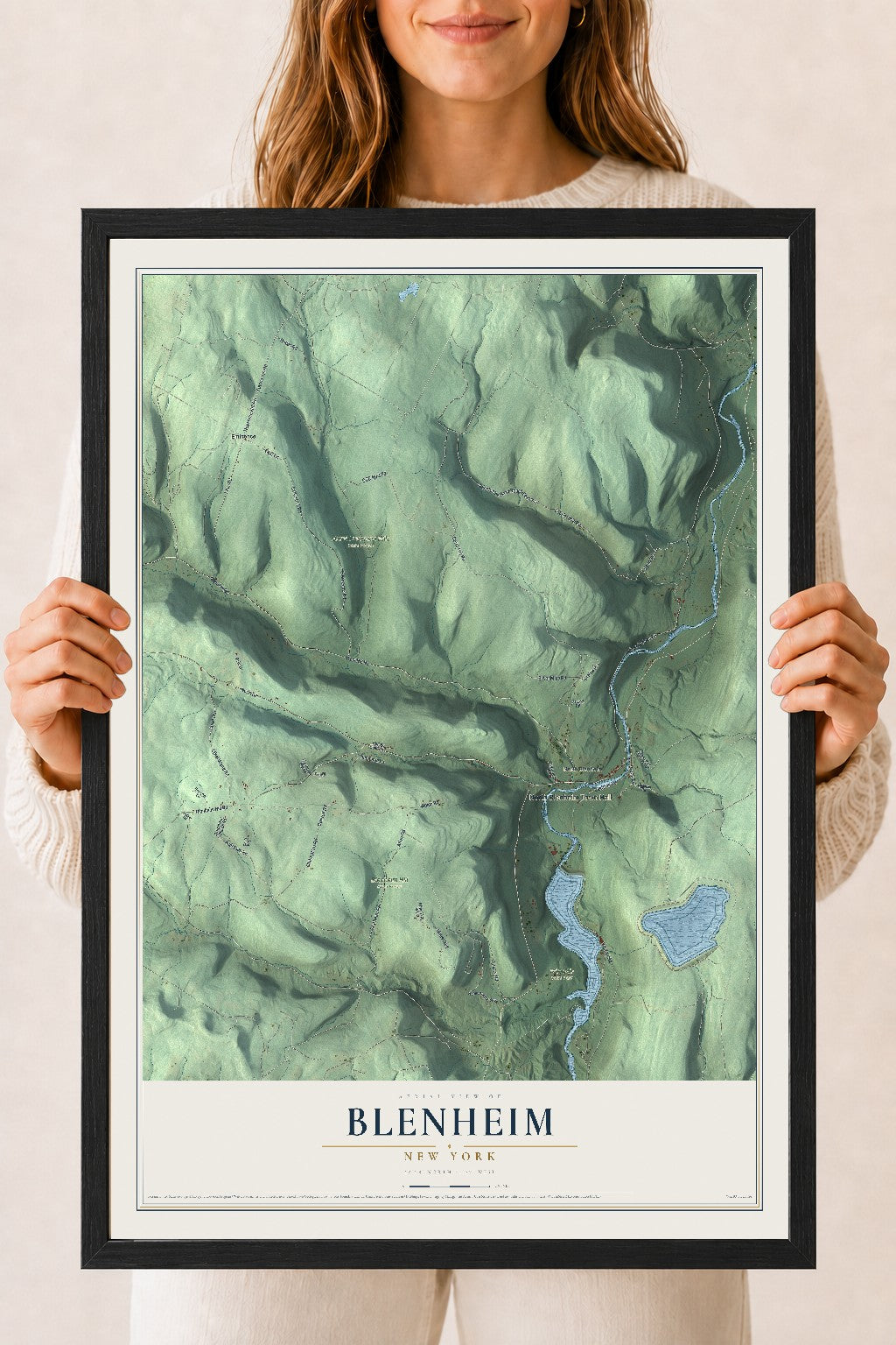 Blenheim, New York map print, 18" x 24" W/ Black Ayous Wood Frame mockup