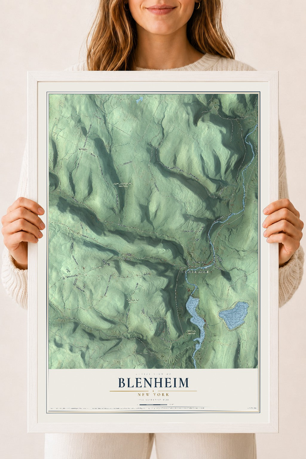 Blenheim, New York map print, 18" x 24" W/ White Ayous Wood Frame mockup