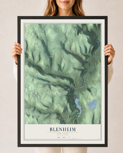 Blenheim, New York map print, 24" x 36" W/ Black Ayous Wood Frame mockup