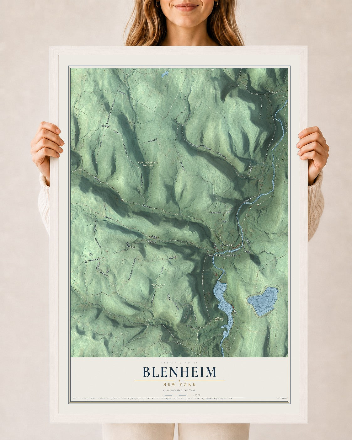 Blenheim, New York map print, 24" x 36" W/ White Ayous Wood Frame mockup