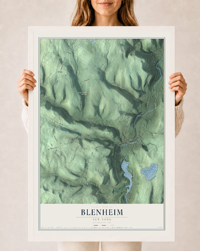 Blenheim, New York map print, 24" x 36" W/ White Ayous Wood Frame mockup