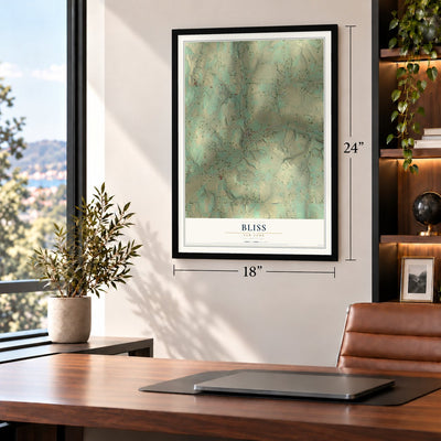 Bliss, New York map, 18 x 24 inch print in a black frame in a home office