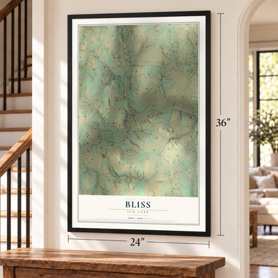 Bliss, New York map, 24 x 36 inch print in a black frame by a staircase