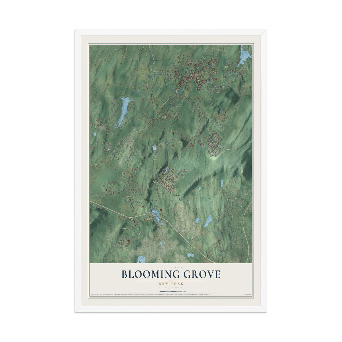 Blooming Grove, New York map print, 12" x 18" W/ White Ayous Wood Frame mockup
