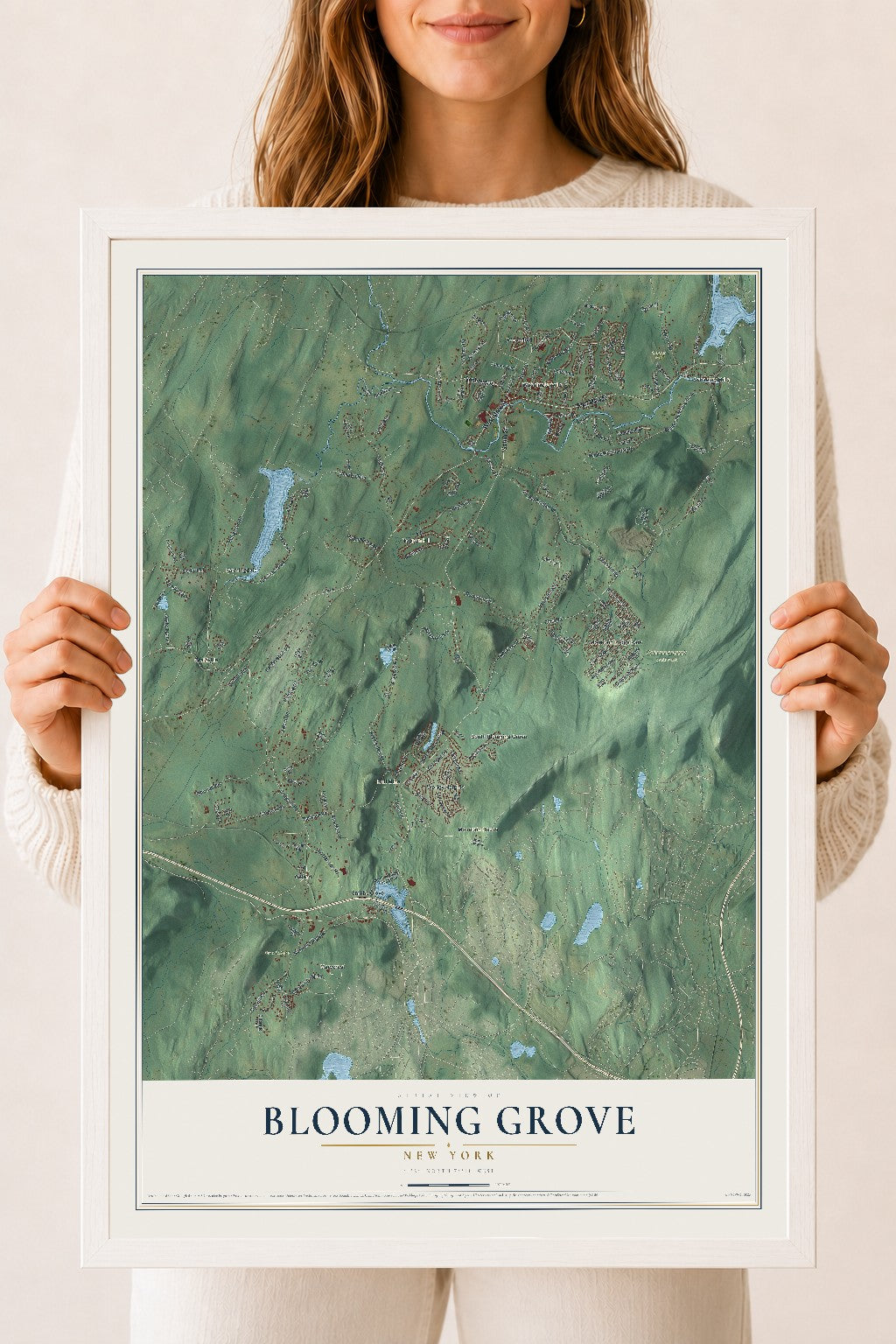 Blooming Grove, New York map print, 18" x 24" W/ White Ayous Wood Frame mockup