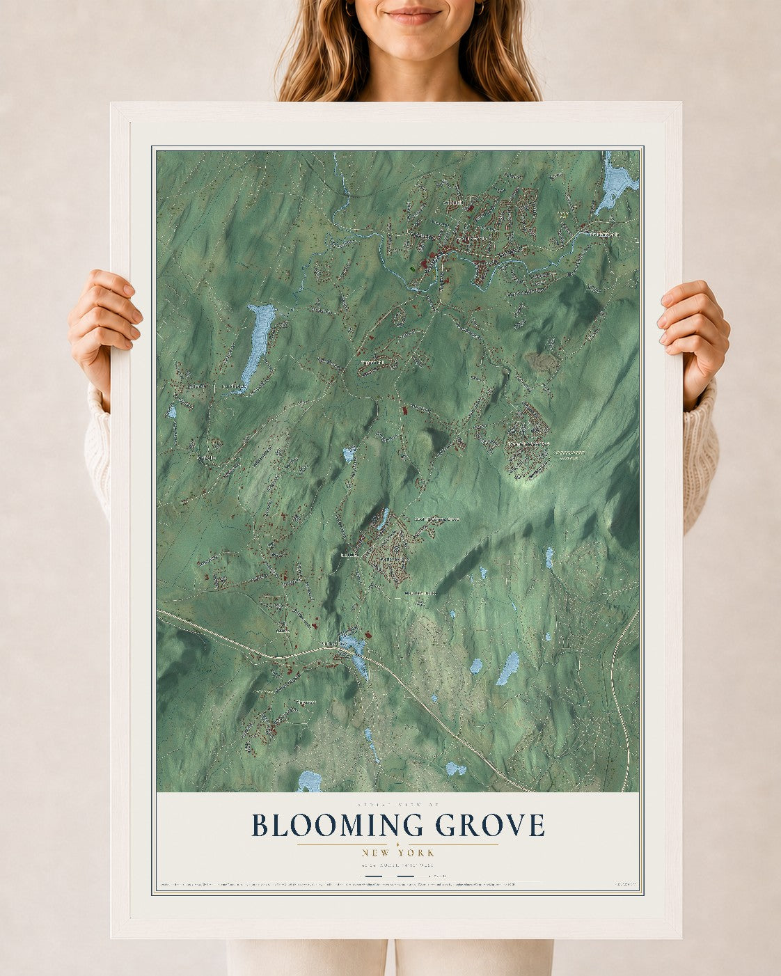 Blooming Grove, New York map print, 24" x 36" W/ White Ayous Wood Frame mockup