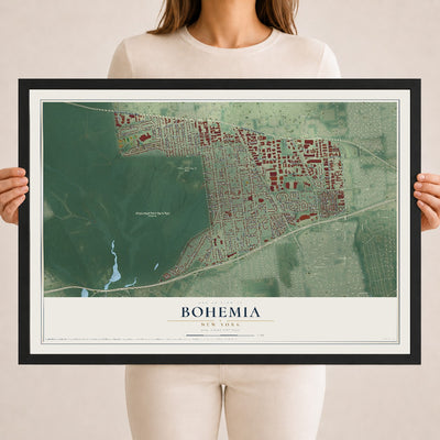 Bohemia, New York map print, 18" x 24" W/ Black Ayous Wood Frame mockup