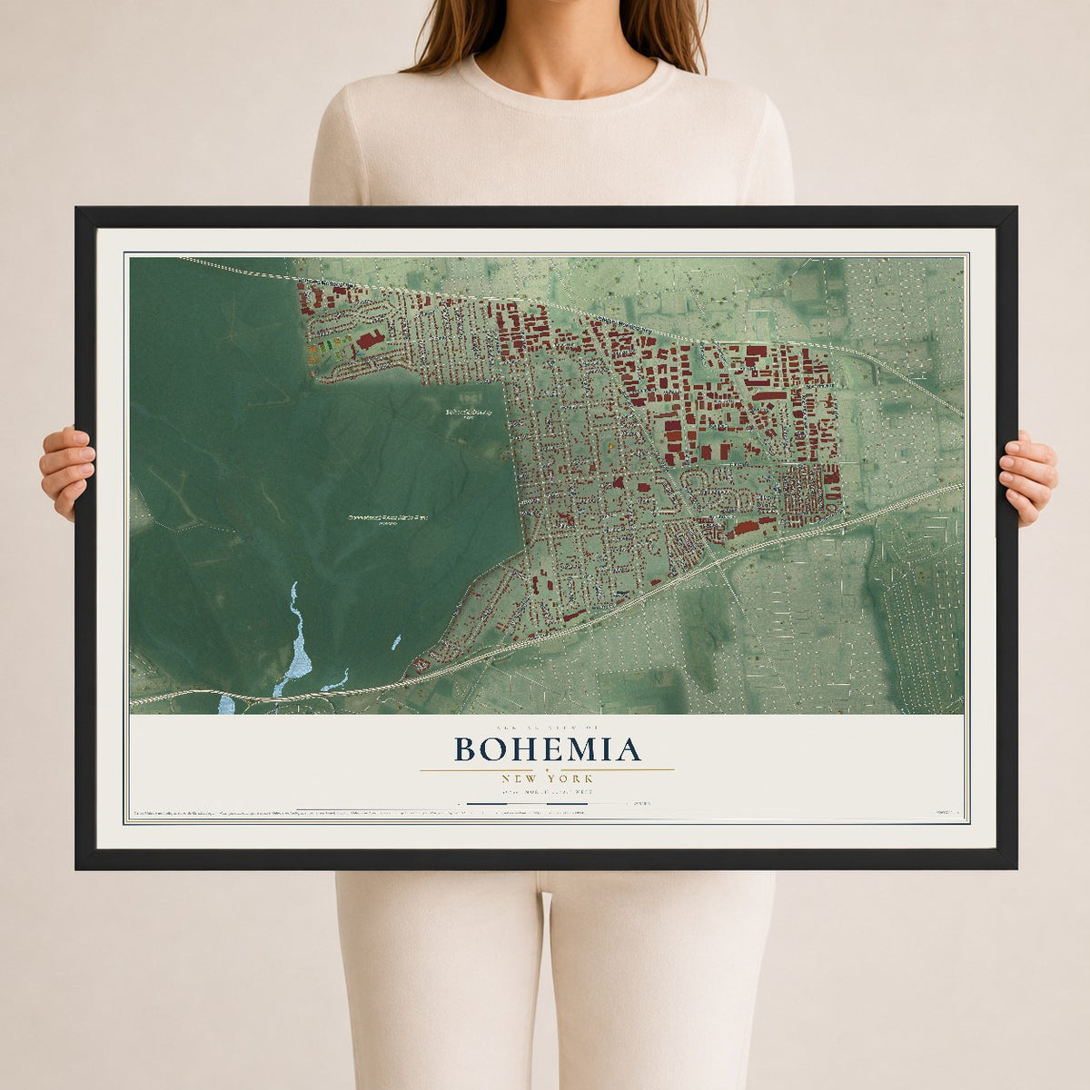 Bohemia, New York map print, 24" x 36" W/ Black Ayous Wood Frame mockup