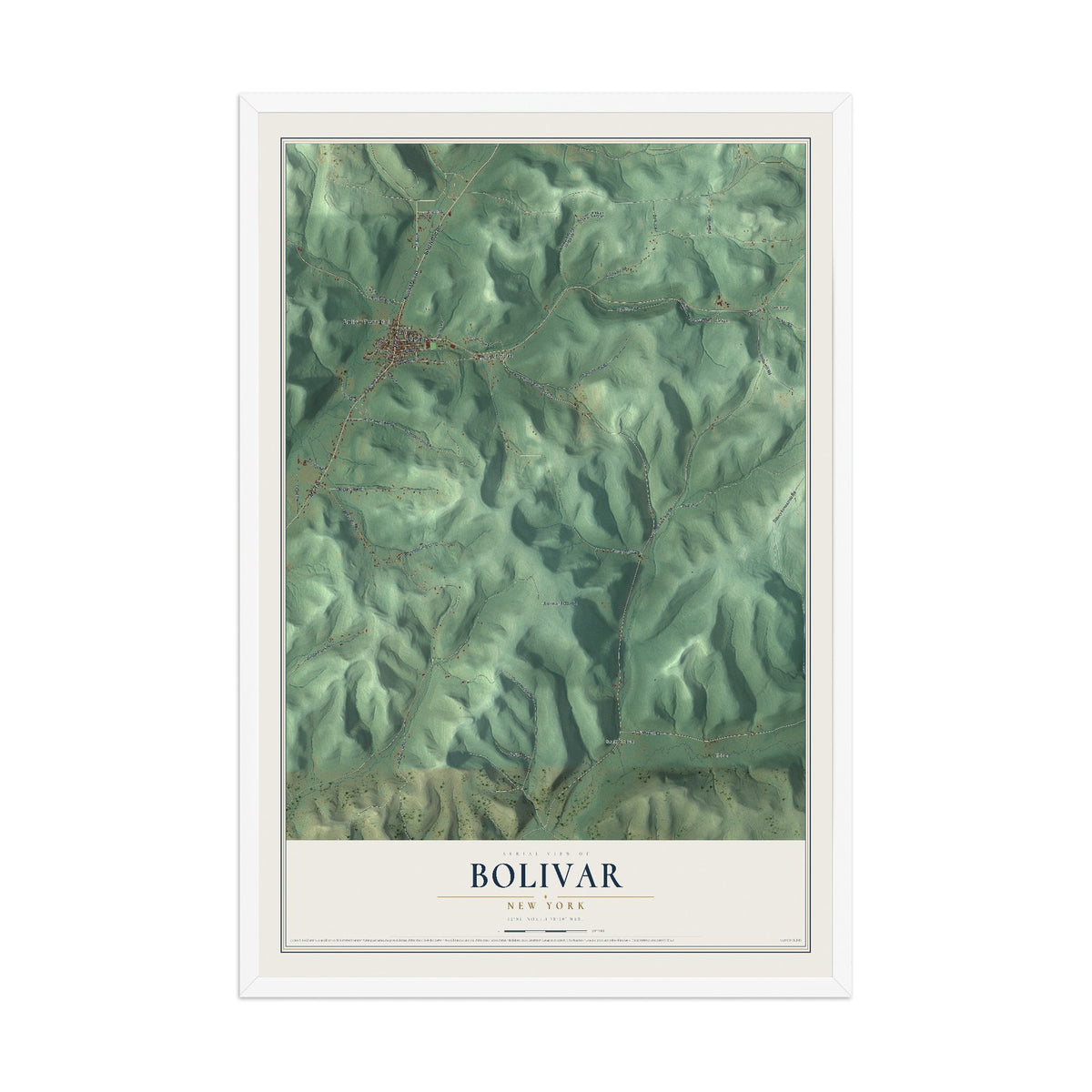 Bolivar, New York map print, 12" x 18" W/ White Ayous Wood Frame mockup